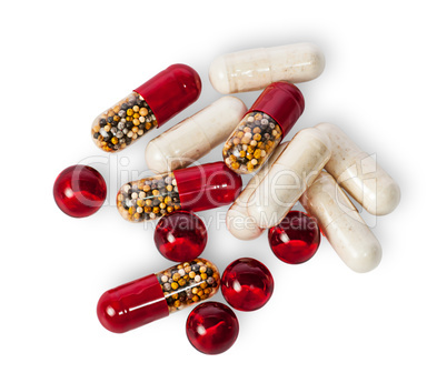 Scattered pills and capsules different color