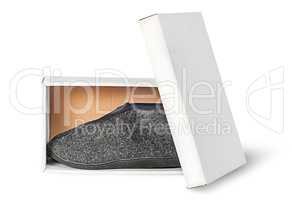 Single slipper in white cardboard box with lid