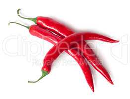 Three juicy red ripe sharp intersecting chili peppers