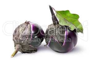 Two round ripe eggplant with green leaf rotated