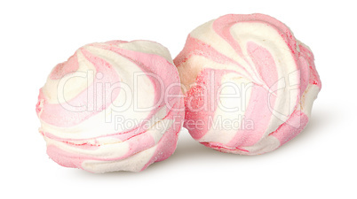 Two white and pink marshmallows each other