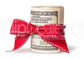 Vertical Roll Of One Hundred Dollar Bills Tied With Red Ribbon