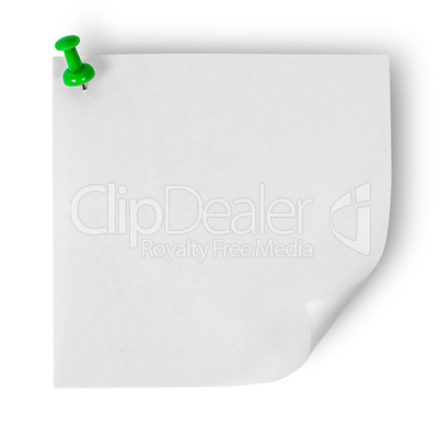 White sticker with the wrapped up corner pinned green office pin