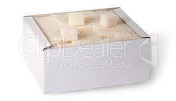 White sugar cubes in a box top view