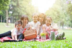 Asian family outdoors picnic