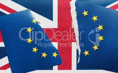 Torn EU flag over UK flag