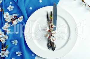 Empty white plate with a fork and knife