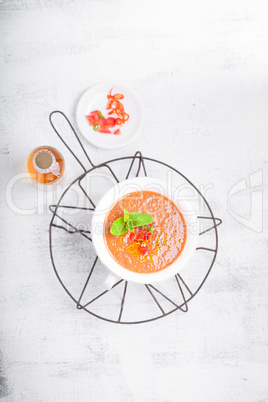 Bowl of Fresh tomato soup Gazpacho.