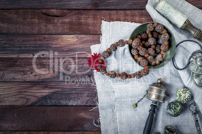 Singing bowl, rosary prayer drum and other Tibetan ritual object