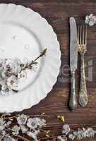 White empty plate and metal vintage knife and fork