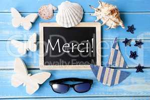 Blackboard With Maritime Decoration, Merci Means Thank You