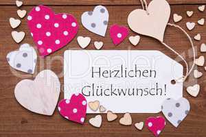 Label, Pink Hearts, Herzlichen Glueckwunsch Means Congratulations