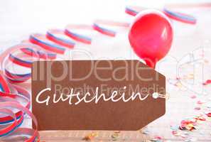 Party Label With Streamer, Balloon, Gutschein Means Voucher