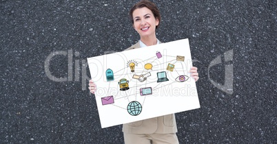 Smiling businesswoman holding billboard with various icons against gray background