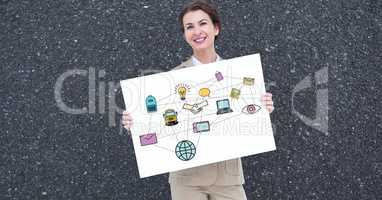 Smiling businesswoman holding billboard with various icons against gray background