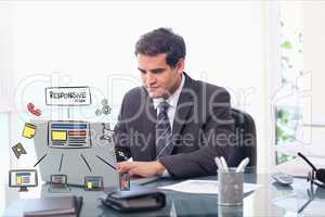 Digitally generated image of businessman using laptop with chart at desk in office