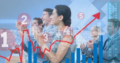 Digitally generated image of various graphs with business people in background