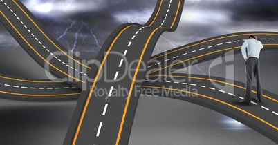 Digital composite image of businessman standing on wavy road in sky