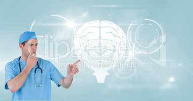 Doctor analyzing brain on virtual screen