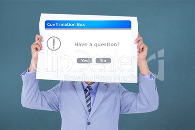 Business executive holding confirmation box sign over face