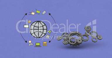 3d cogs  with globe and signs over purple background