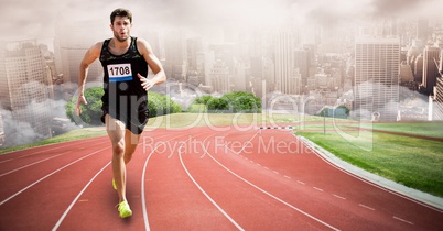 Digital composite image of sport runner running on tracks against city