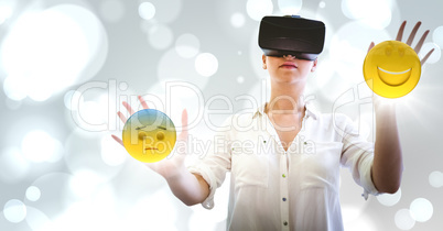 Woman in VR with network and emojis with flares against white bokeh