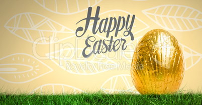 Happy Easter text with Easter Egg in front of leaf pattern