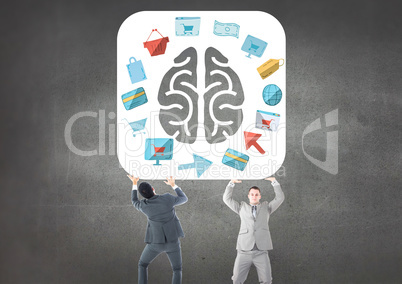 Business mans carrying the brain with the graphic about purchasings and sales