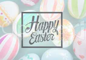 Grey easter graphic in box against easter eggs on teal table with white overlay