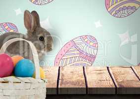 Easter rabbit with eggs basket in front of pattern