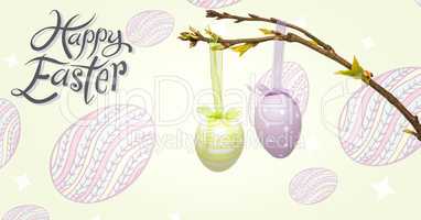 Happy Easter text with Easter eggs hanging on branch in front of pattern