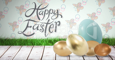 Happy Easter text with Easter eggs in front of pattern