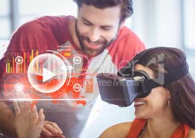 Woman wearing VR Virtual Reality Headset with Interface