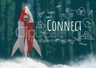 3D Rocket in forest with Connect text with drawings graphics