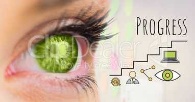 Green eye and Progress text with drawings graphics