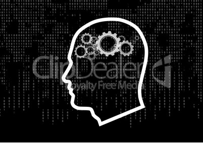 outline head with cogs brain on technological black background