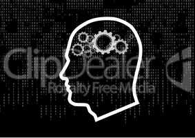outline head with cogs brain on technological black background