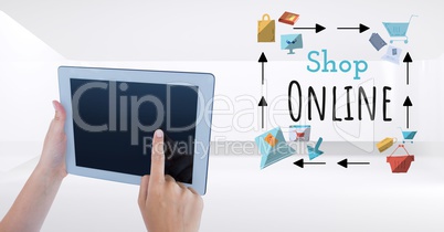 Touching tablet with Shop Online text with drawings graphics
