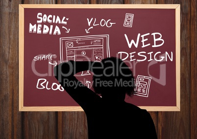 Shadow of a person drawing on the blackboard a graphic about blog