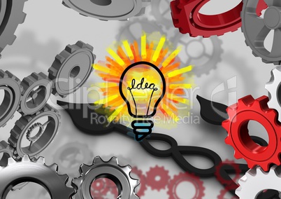 3D cogs background with bulb of an idea