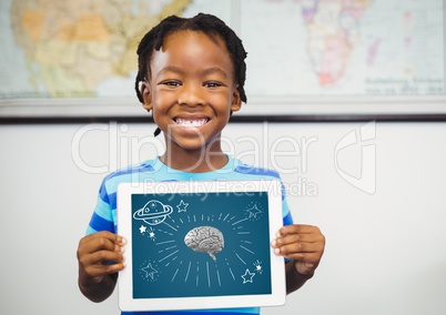 Kid holding tablet grey brain and white space doodles against dark blue background
