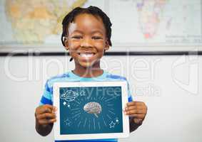 Kid holding tablet grey brain and white space doodles against dark blue background
