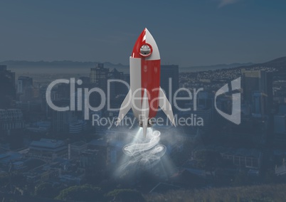 3D Rocket flying over city