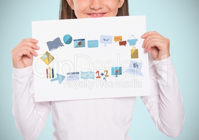 Girl holding card with education graphics drawings