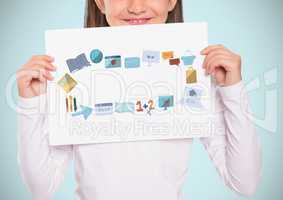 Girl holding card with education graphics drawings