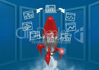 3D Rocket flying and computer screens drawings graphics