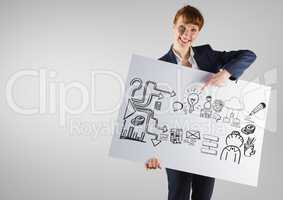 Businesswoman holding card with ideas business graphics drawings