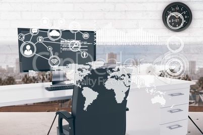 World map with connection icons in office cabin