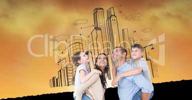 Digital composite image of happy family against buildings